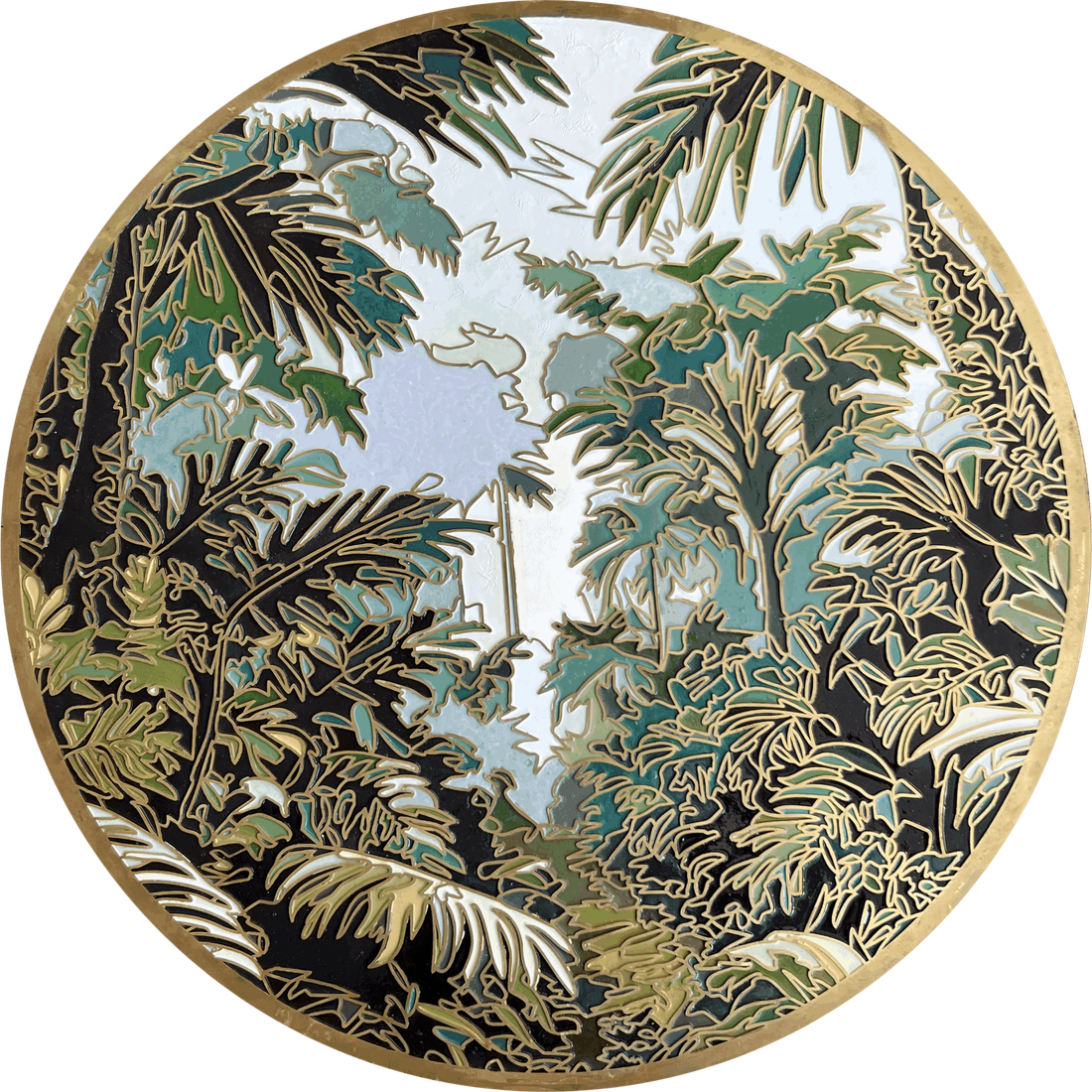 Gilded Vines I — Forest Path: brass and enamel on wood tondo, 60 cm diameter, by Marc Lebreton, 2026