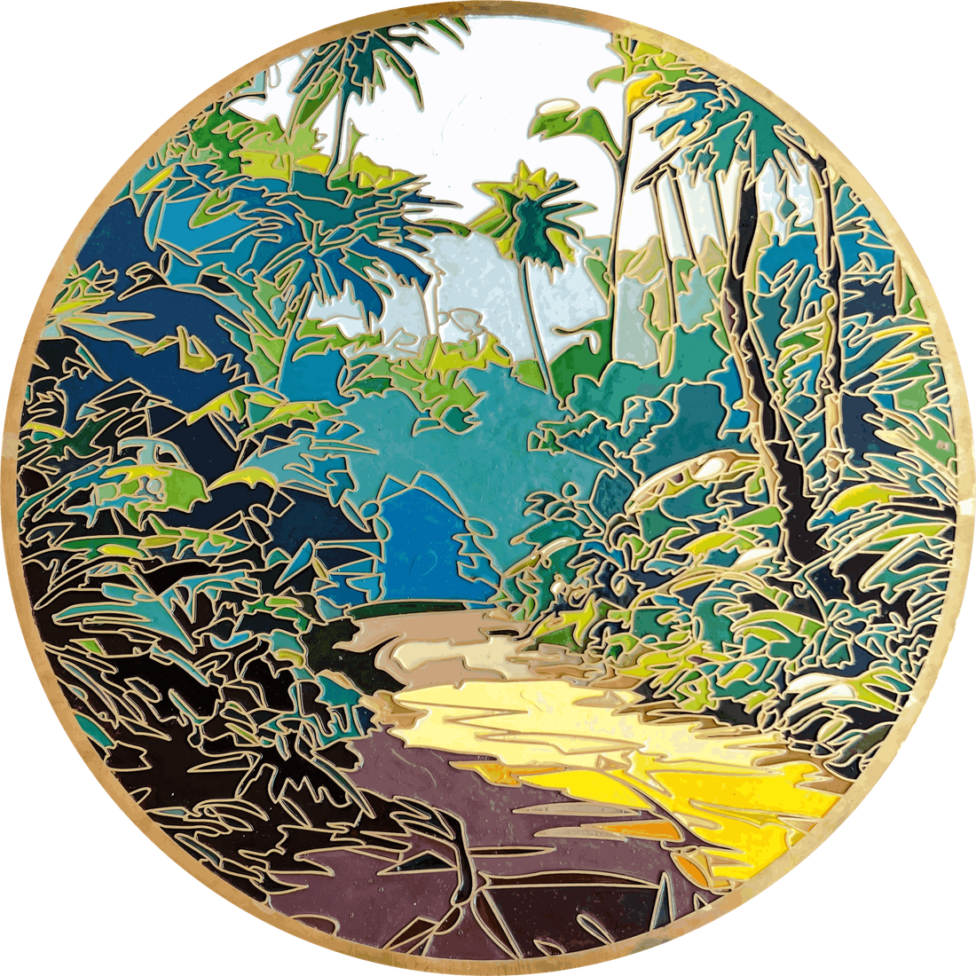 Gilded Vines II — The Clearing: brass and enamel on wood tondo, 60 cm diameter, by Marc Lebreton, 2026