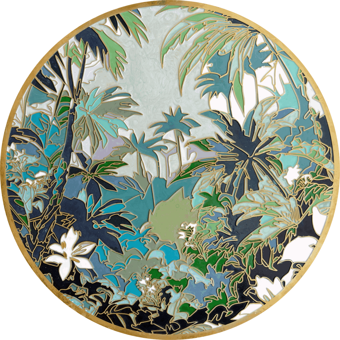 Gilded Vines III — Understory: brass and enamel on wood tondo, 60 cm diameter, by Marc Lebreton, 2026
