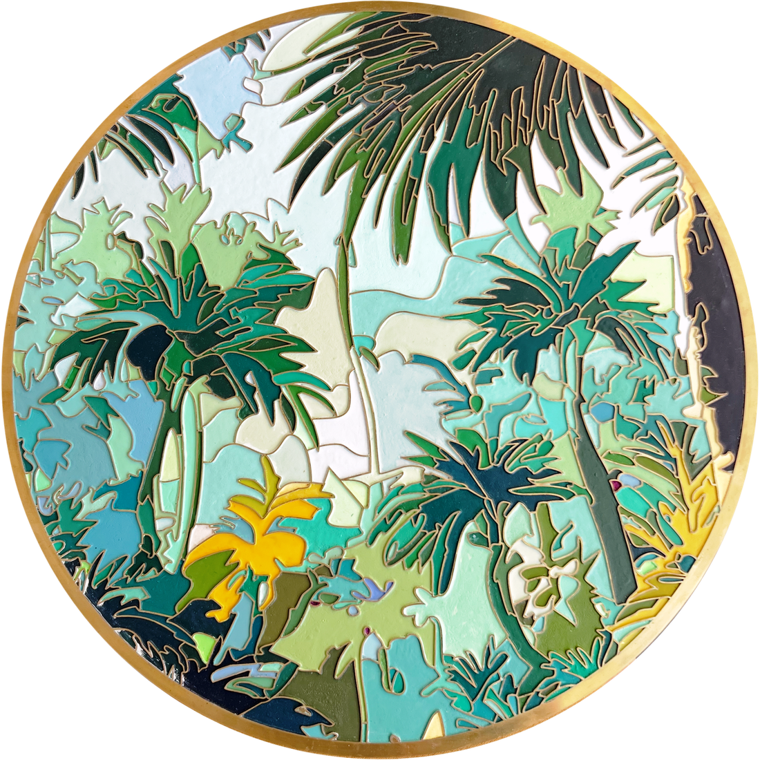 Gilded Vines IV — Palms, Morning: brass and acrylic on wood tondo, 60 cm diameter, by Marc Lebreton, 2026