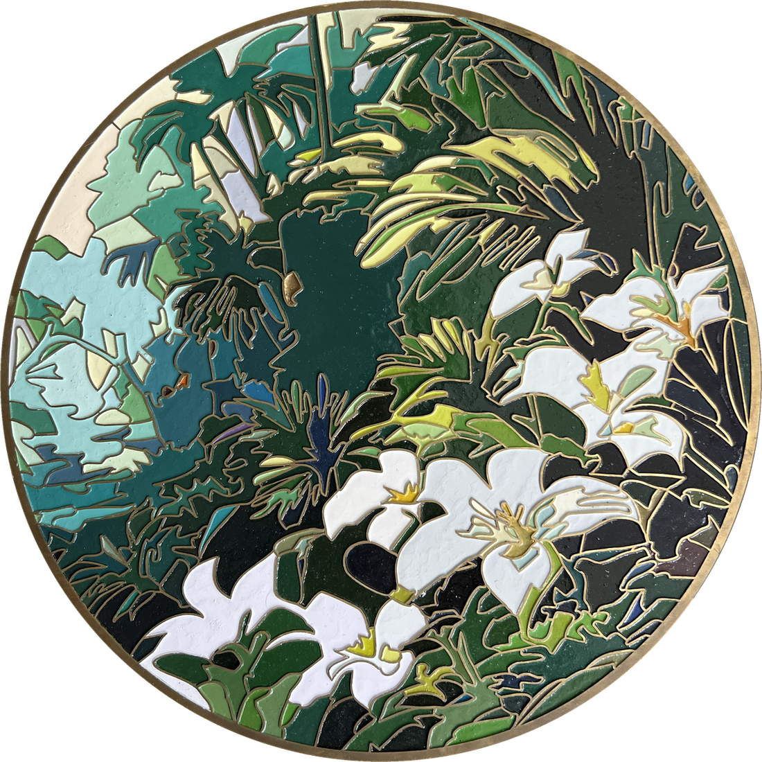 Gilded Vines V — White Lilies: brass and enamel on wood tondo, 48 cm diameter, by Marc Lebreton, 2026