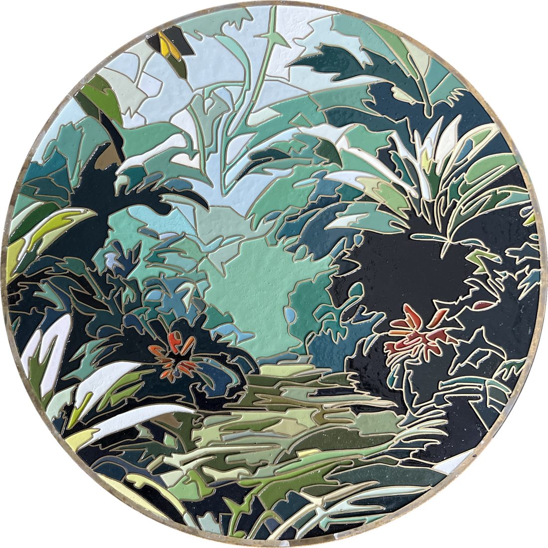 Gilded Vines VI — Orange Flowers: brass and enamel on wood tondo, 48 cm diameter, by Marc Lebreton, 2026