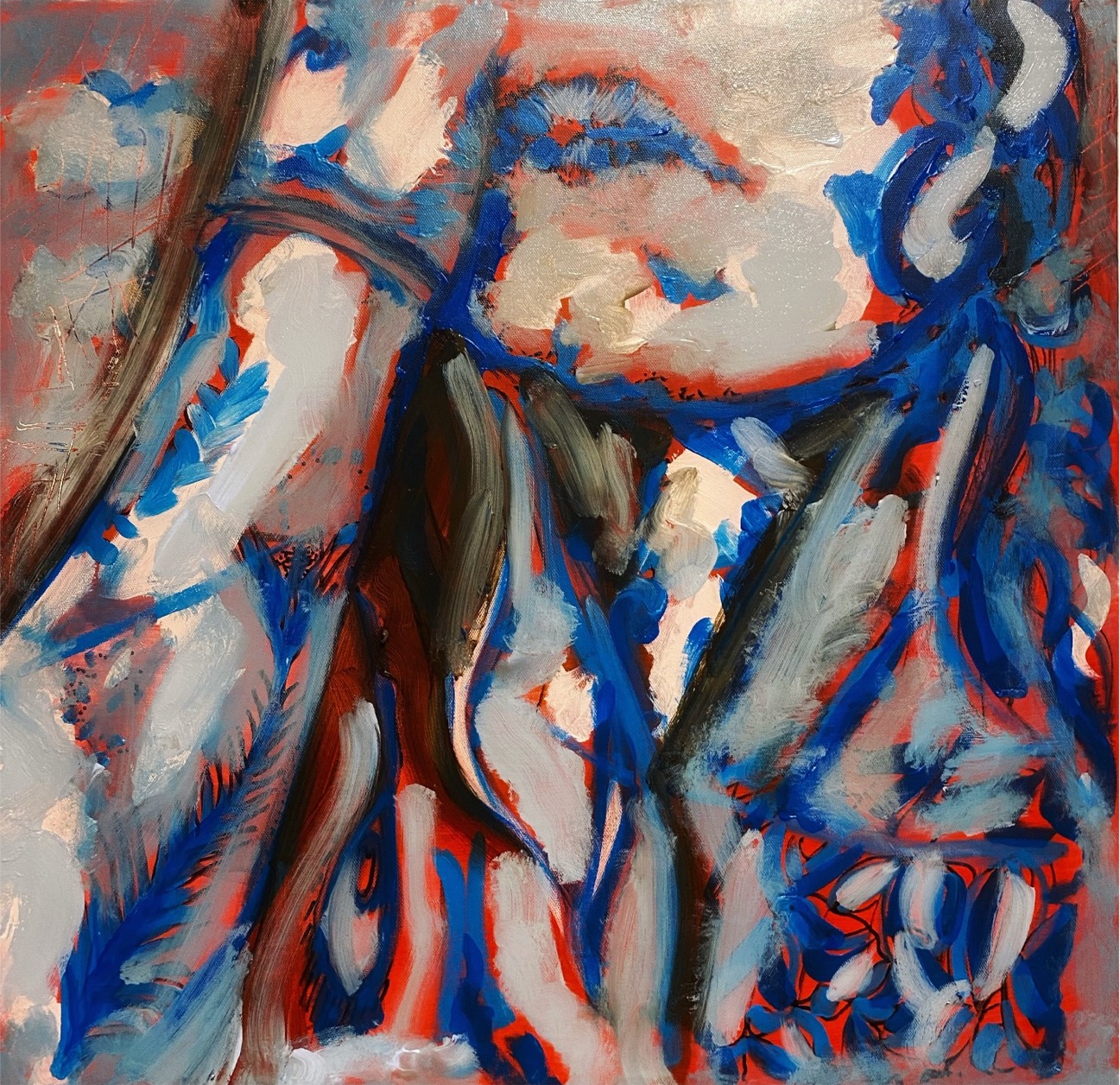 Blue in red — Acrylic on canvas, 50 × 50 cm, from The Unbecoming by Marc Lebreton, 2020